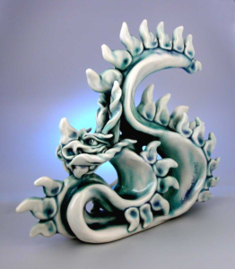 Handmade porcelain Tatsu dragon sculpture, artist‑crafted fantasy art inspired by Japanese guardian tradition.