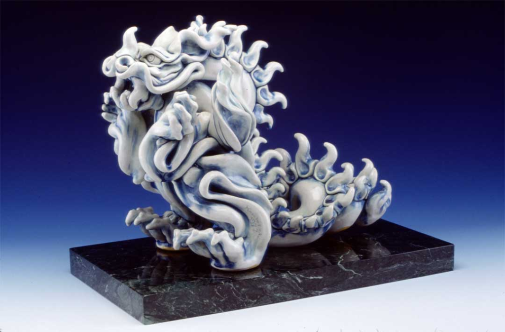 “Porcelain Wyvern dragon sculpture, medieval European myth, handcrafted ceramic art”