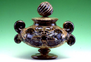 Salt‑glazed stoneware dragon jar, wheel‑thrown and hand‑sculpted by artist craftsman.