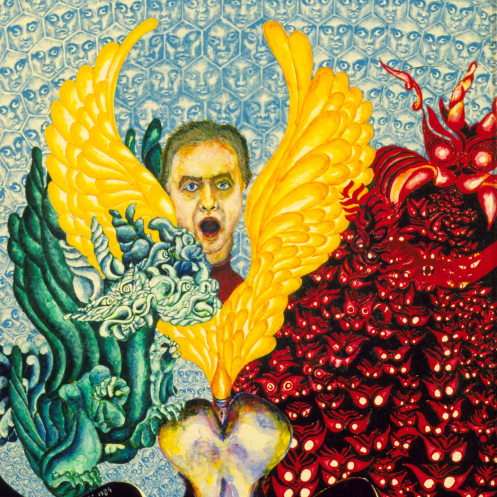 Shipwrecked on the Sands of Time — Self‑Portrait Acrylic‑Oil Dragon Painting Self‑portrait acrylic‑oil dragon painting showing the artist between a protective blue‑green three‑headed dragon and a red dragon releasing bats, with honeycomb faces of heavenly hosts in the background.