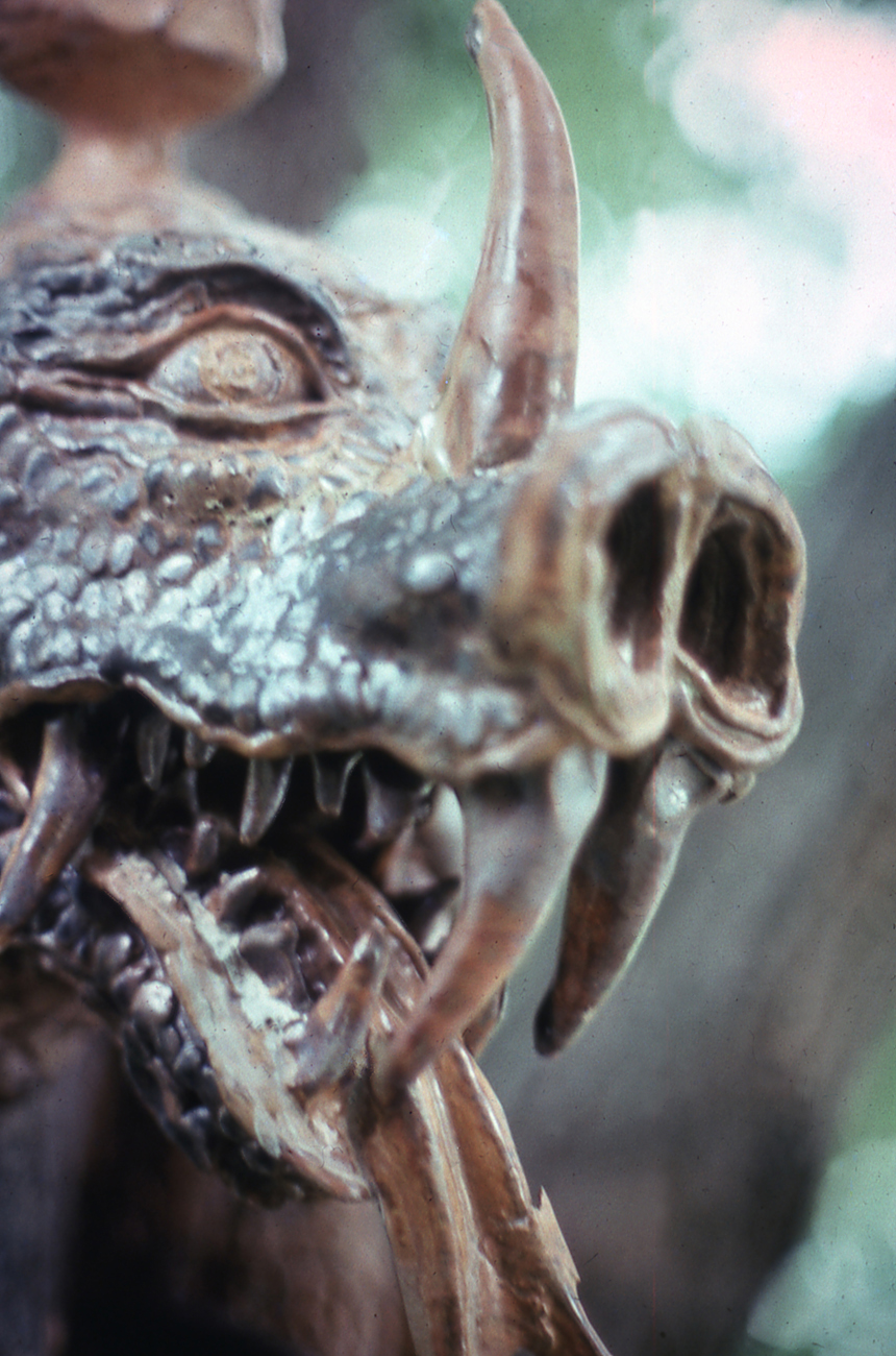 Face detail of John Gardner’s Grendel dragon sculpture