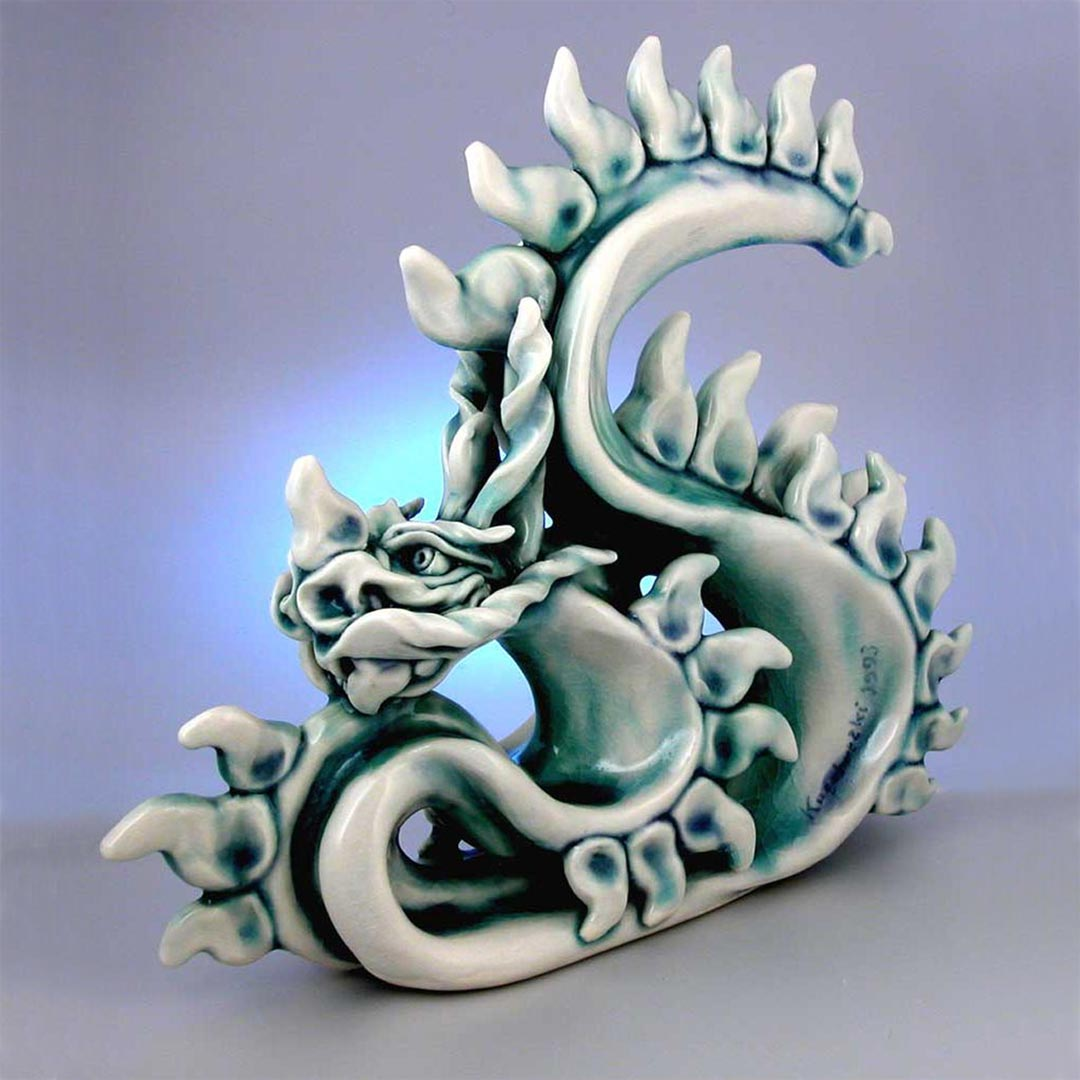 Handmade porcelain Tatsu dragon sculpture, full view.