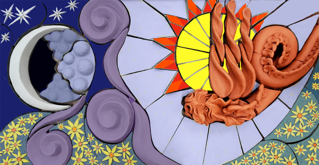 Ceramic tile relief dragon mural in high‑relief stoneware with a winged dragon, radiating sun, and deep night sky.