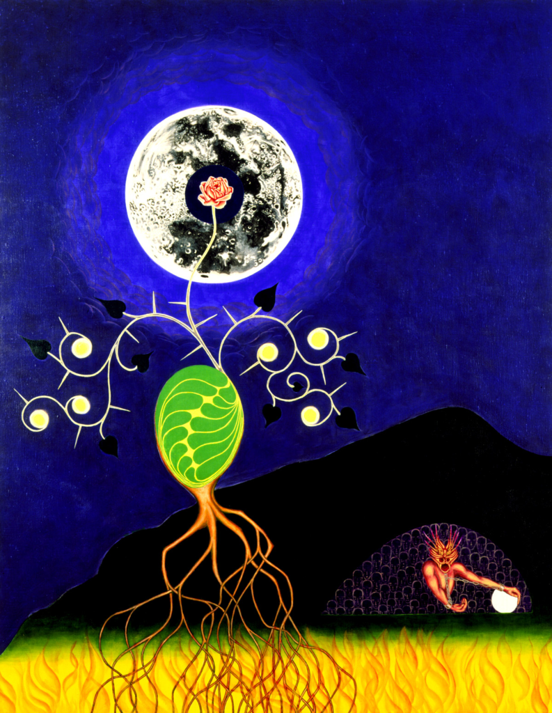 A night‑vision mountain silhouette with a thorned, root‑hung plant rising toward a cold moon, and the dragon Bullebach emerging from the shadows.