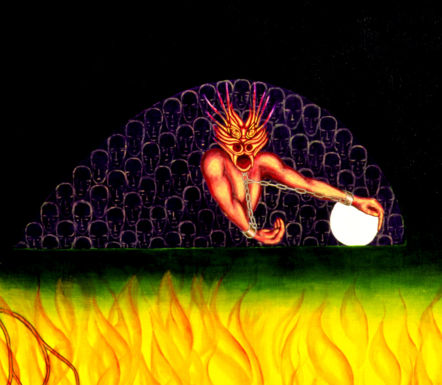 A close‑up view of the dragon Bullebach, showing the demon‑like face emerging from shadow.