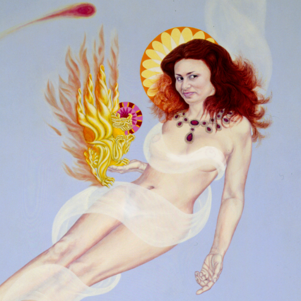 Close up detail of Laurel holding a golden Wyvern dragon, acrylic painting by Fred Koschetzki